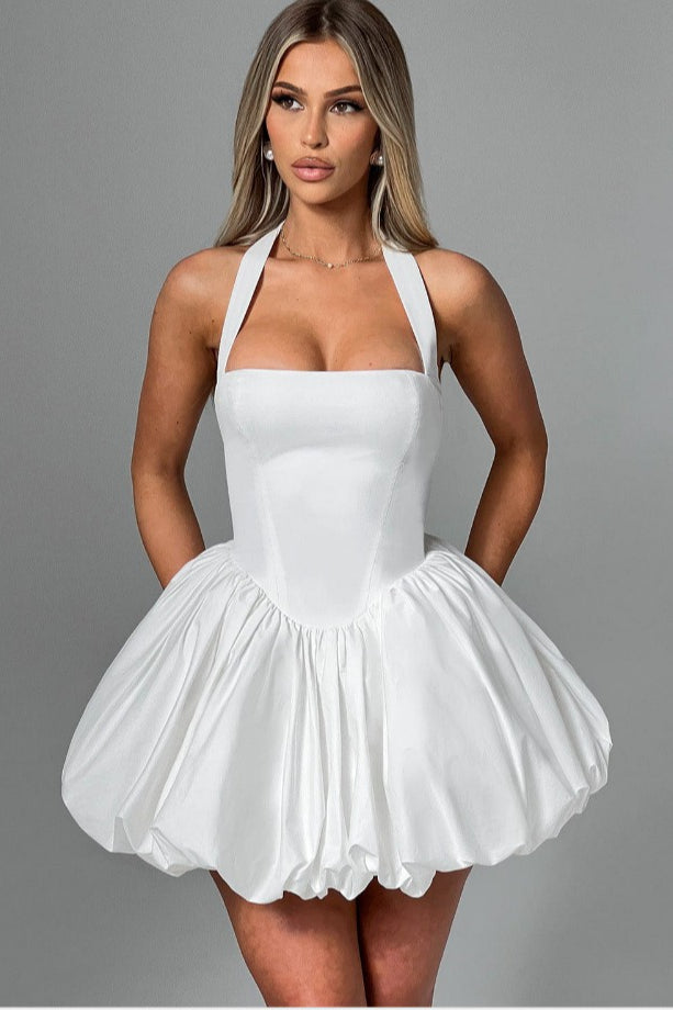 Refined Halter Tie Bow Puffy Hem Mini Dress