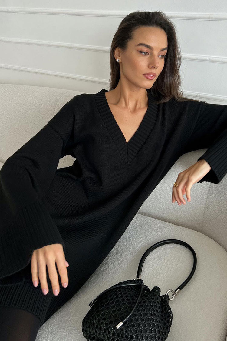Laidback Deep V Long Sleeve Shift Winter Oversized Sweater Mini Dress - Black
