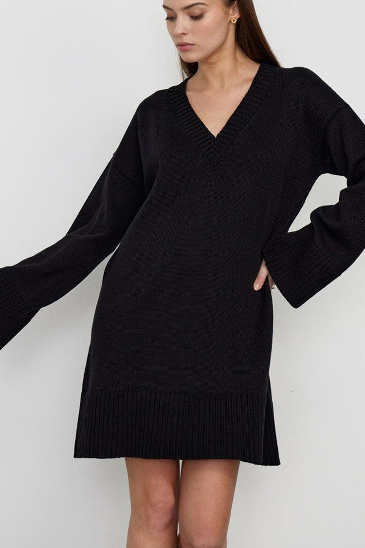 Laidback Deep V Long Sleeve Shift Winter Oversized Sweater Mini Dress - Black