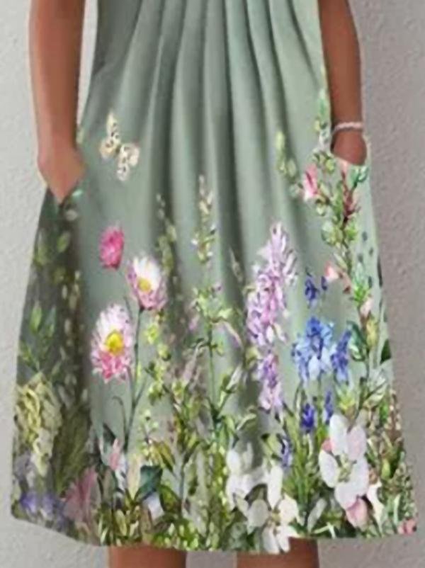 Casual Flower Round Neck Mid length Straight Dress
