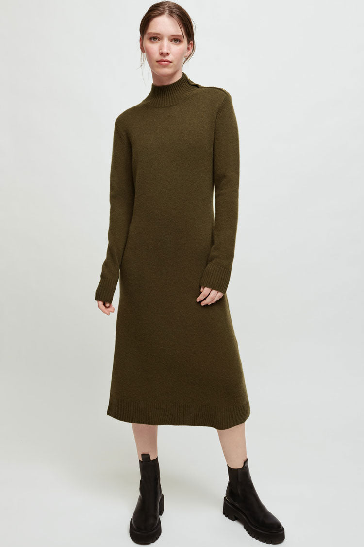 Relaxed High Neck Long Sleeve Winter Sweater Midi Dress - Green