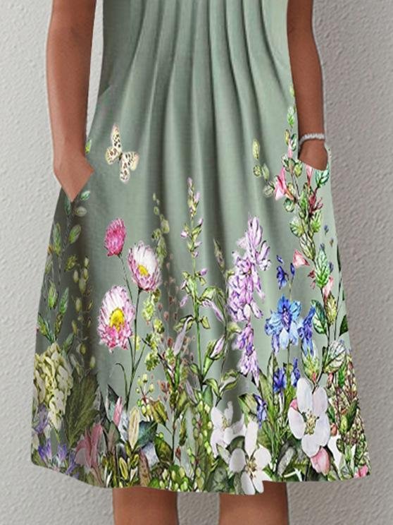Casual Printed Flower Cutout V Neck Dress