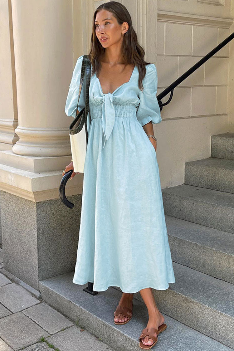 Relaxed Tie Front Puff Sleeve Linen Beach Vacation Midi Dress - Sky Blue