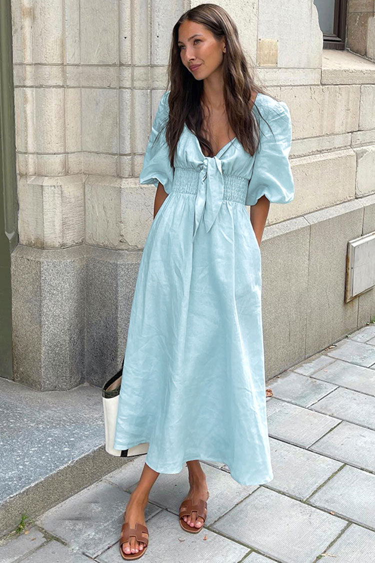 Relaxed Tie Front Puff Sleeve Linen Beach Vacation Midi Dress - Sky Blue