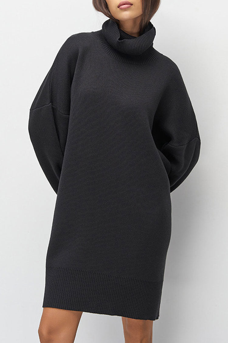 Easygoing Turtleneck Long Sleeve Shift Winter Oversized Sweater Mini Dress - Black