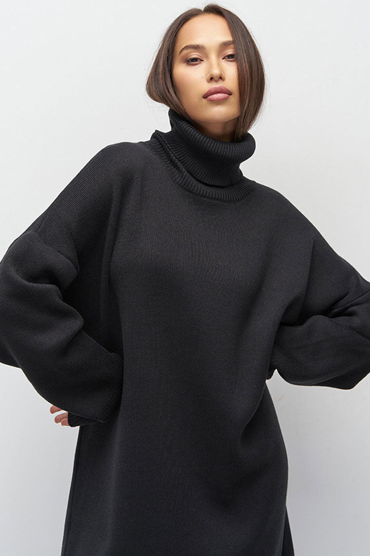Easygoing Turtleneck Long Sleeve Shift Winter Oversized Sweater Mini Dress - Black