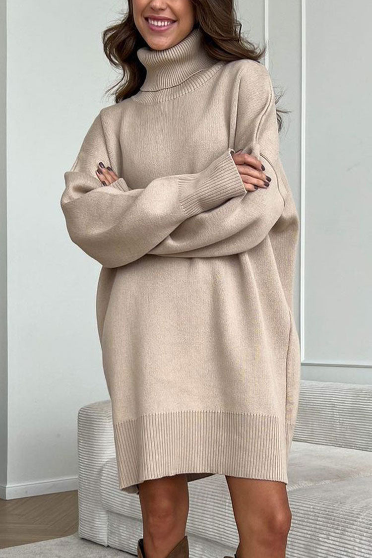 Laidback Turtleneck Long Sleeve Shift Winter Oversized Sweater Mini Dress - Khaki