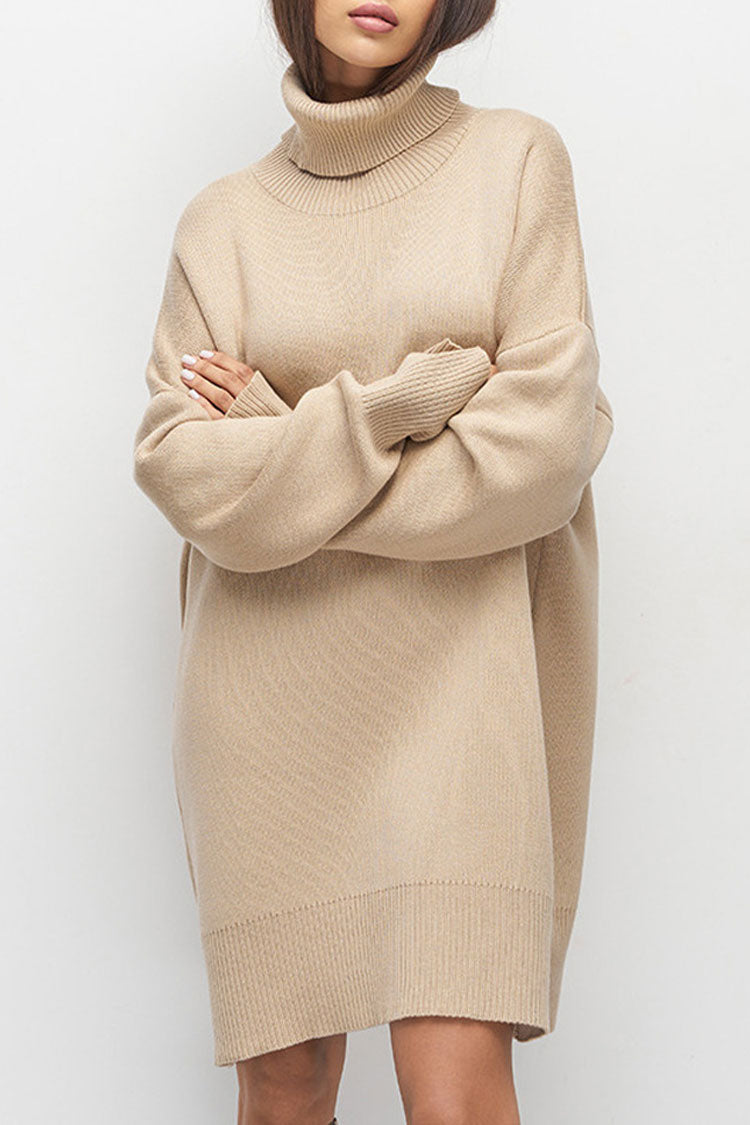 Laidback Turtleneck Long Sleeve Shift Winter Oversized Sweater Mini Dress - Khaki