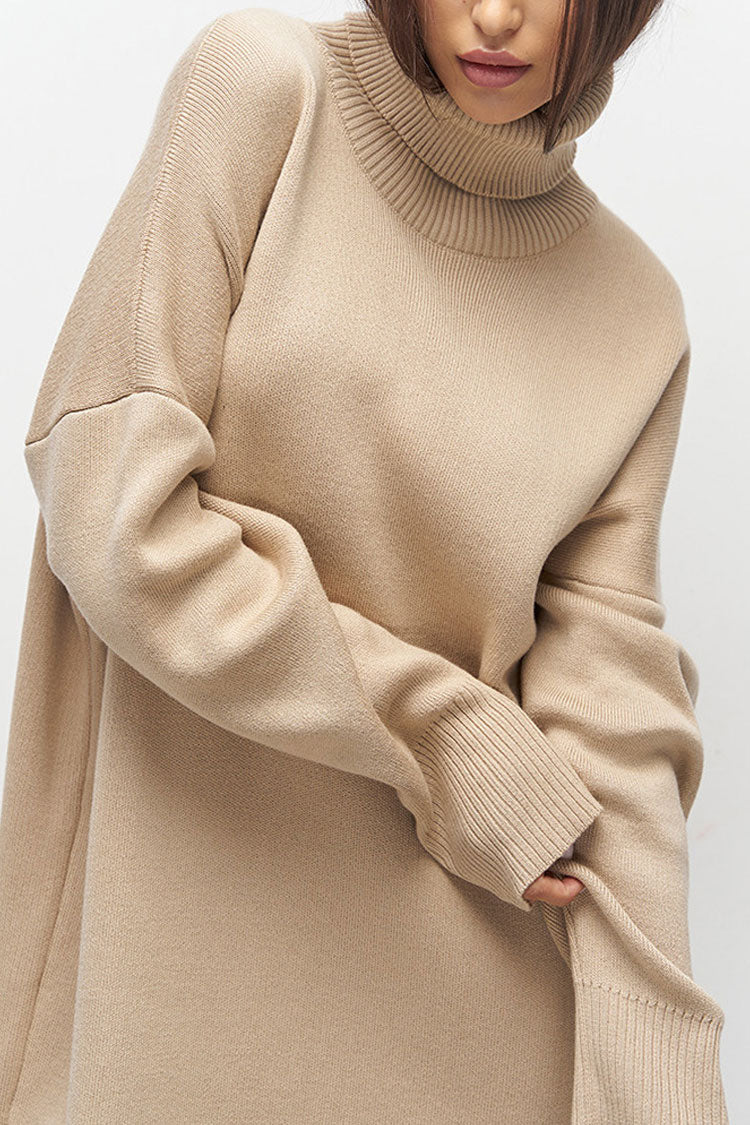 Laidback Turtleneck Long Sleeve Shift Winter Oversized Sweater Mini Dress - Khaki