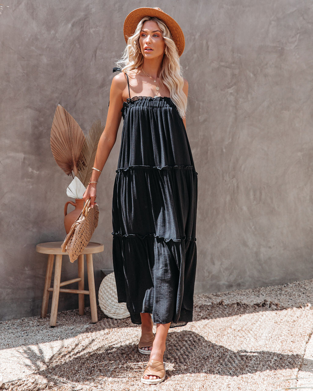 The Catch Sun Tiered Midi Dress Black