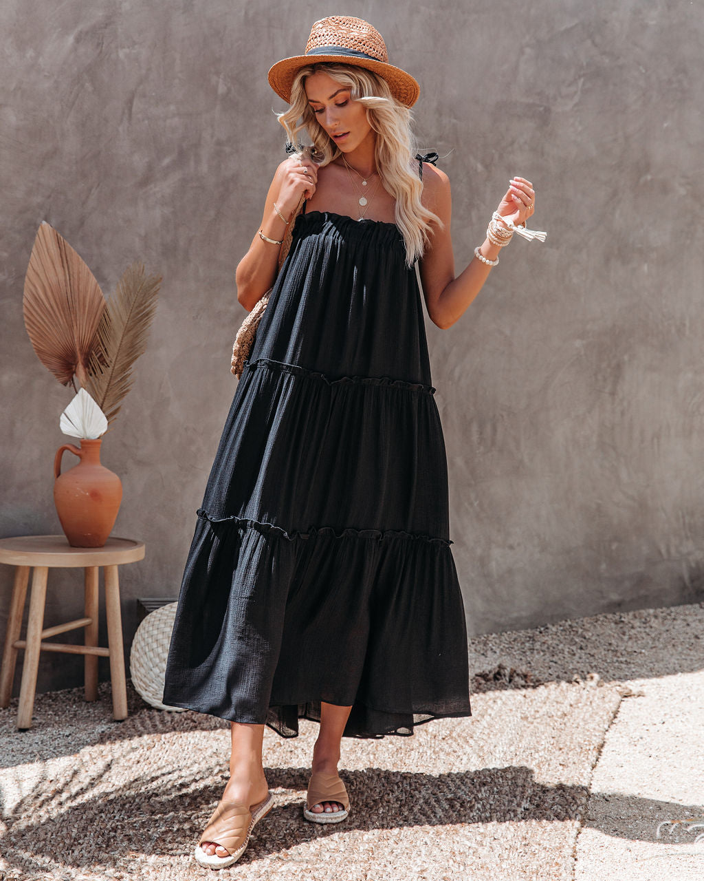 The Catch Sun Tiered Midi Dress Black