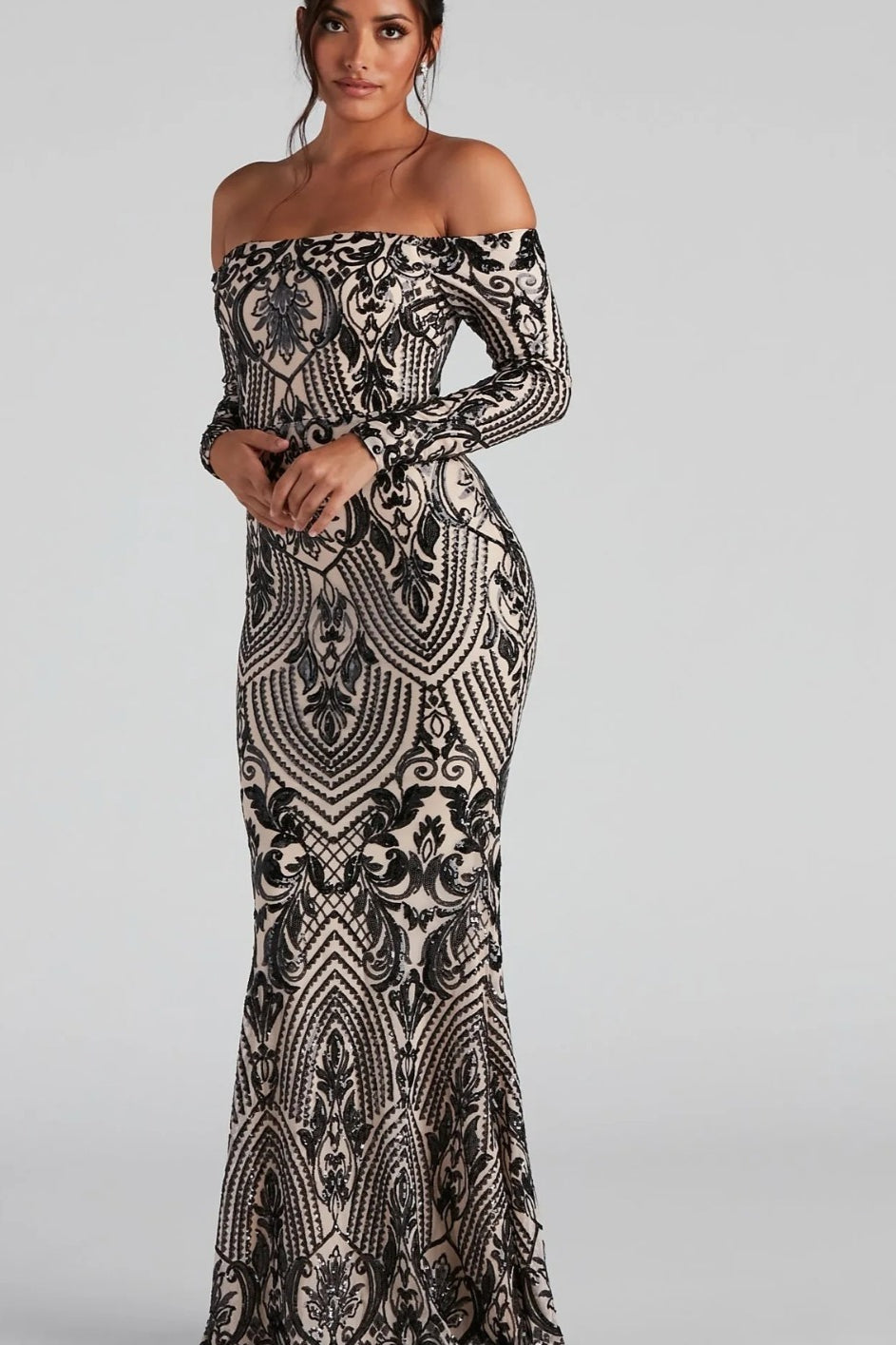 Boat Edition Neck European Trendy Formal Evening Maxi Sequin Dress