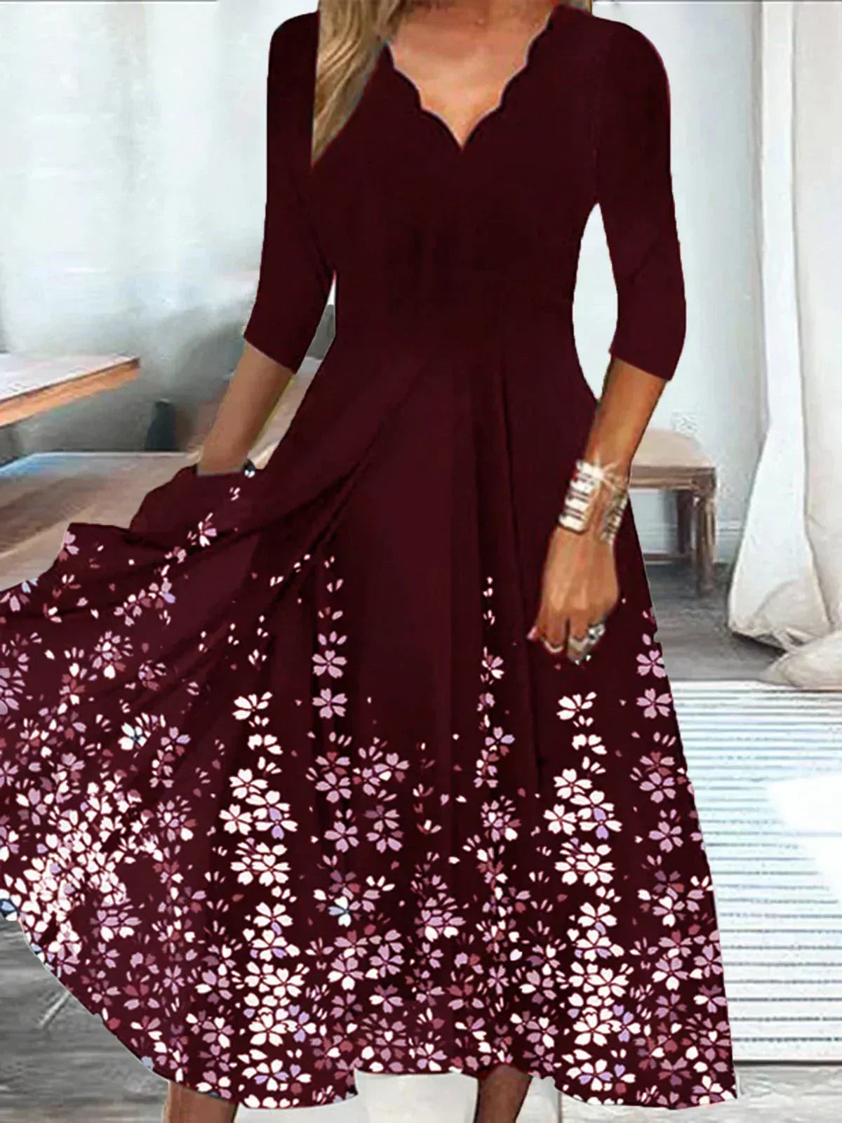 Sabrina Aesthetic Flower V Neck Midi Dress Chic Silhouette Collection