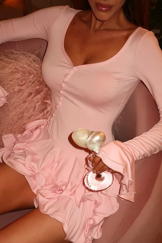 Neck V Pleated Mini Dress