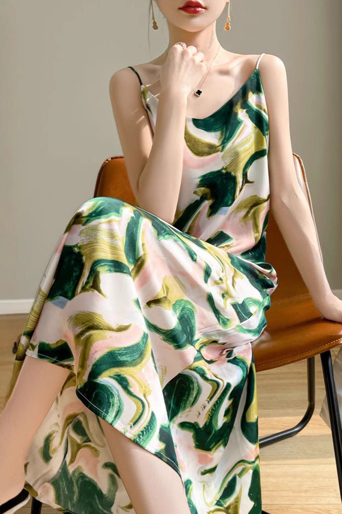 Printed Edition VNeck Satin Cami Maxi Silk Dress