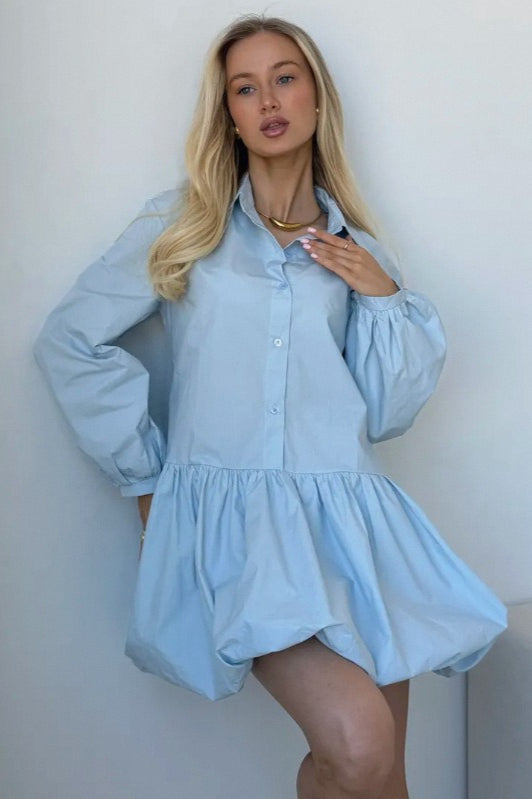 Sleeve Puff Buttoned Mini Dress
