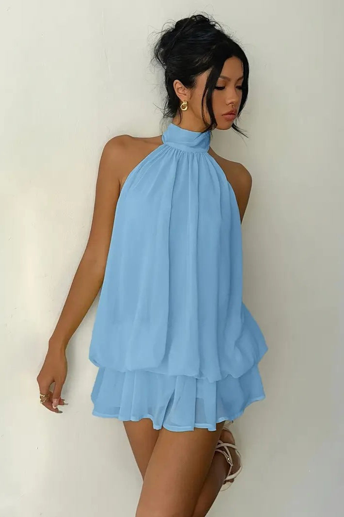 Alluring Backless Halter Tie Waist Slim Fit Ruffled Mini Dress