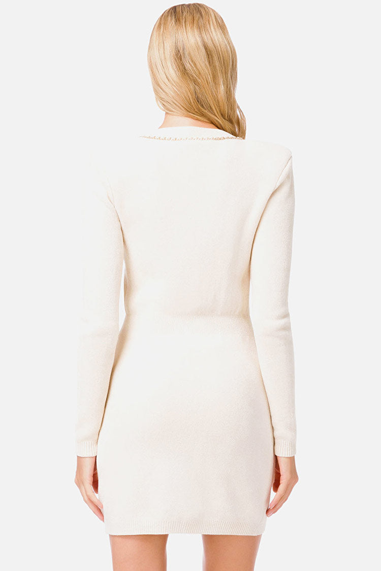 Deep Chained V Long Sleeve Buttoned Sweater Mini Dress - Cream