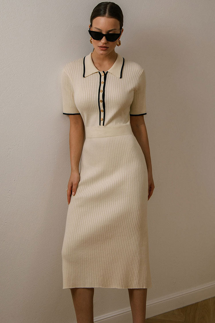 Contrast Chic Collared Short Sleeve Half Button Rib Knit Sweater Midi Dress - Apricot