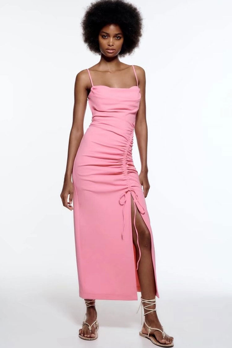 Cowl Chic Neck Tie Side Ruched Trim Split Slip Midi Dress - Pink