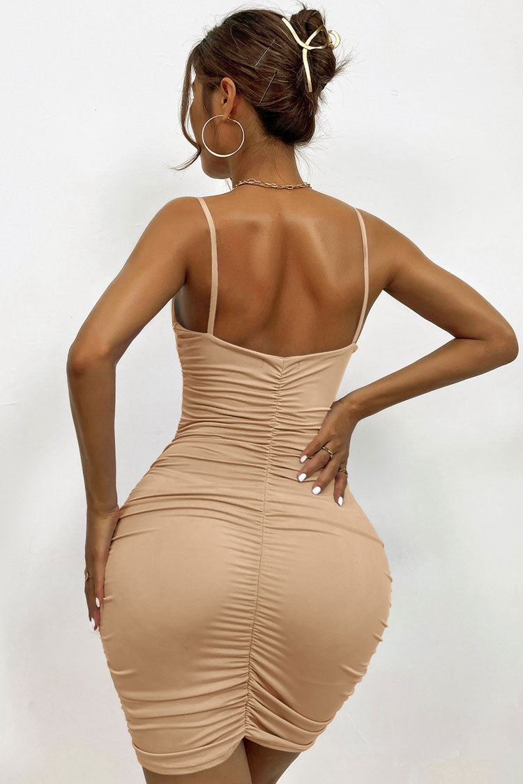 Deep Chic V Spaghetti Strap Sleeveless Bodycon Ruched Party Mini Dress - Khaki