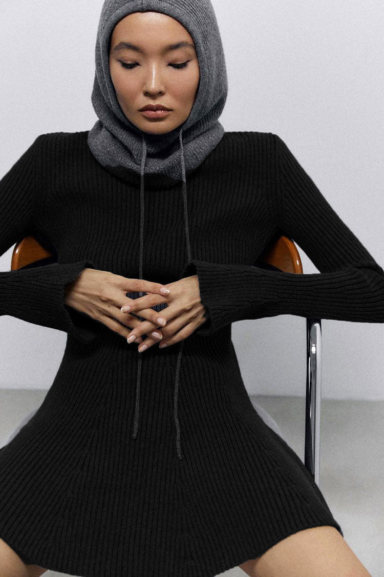 High Chic Neck Flared Long Sleeve Rib Knit Winter Sweater Mini Dress - Black