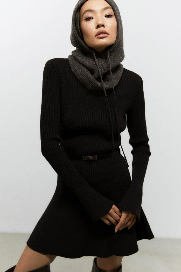 High Chic Neck Flared Long Sleeve Rib Knit Winter Sweater Mini Dress - Black