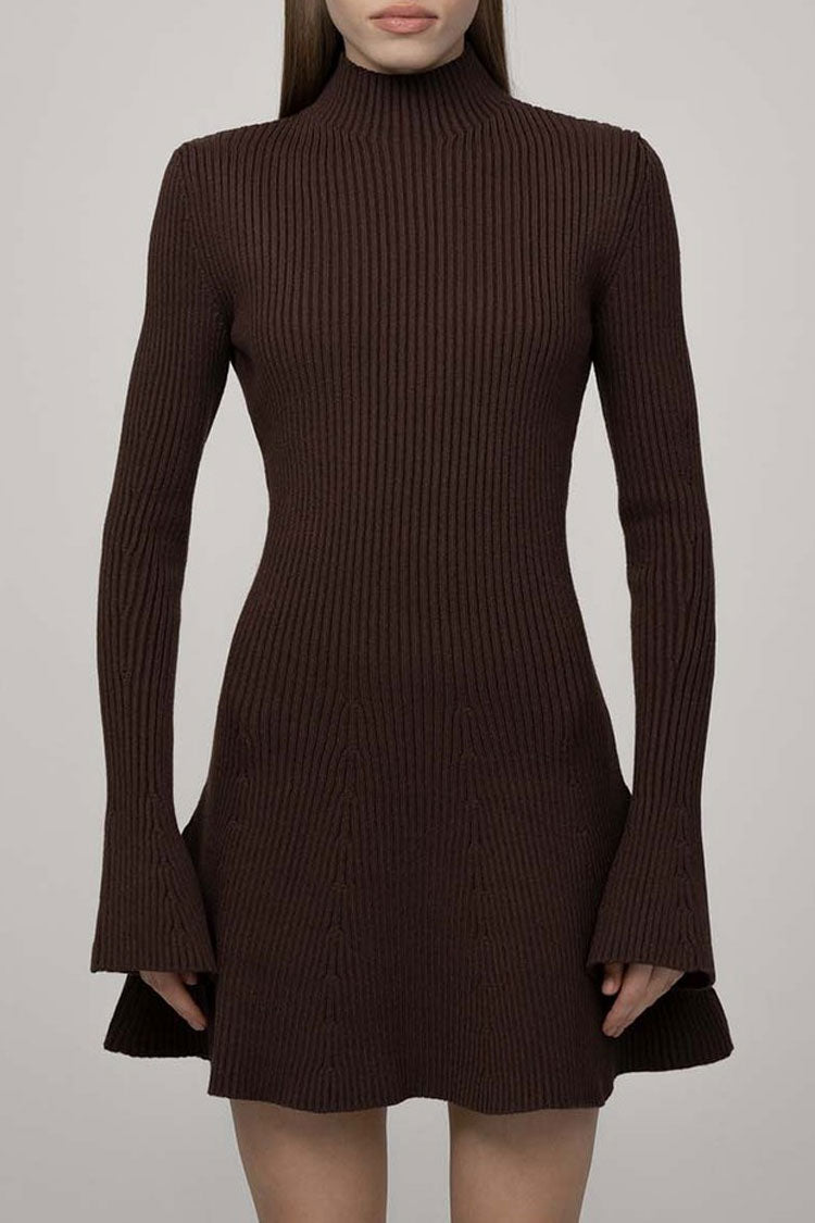 High Chic Neck Flared Long Sleeve Rib Knit Winter Sweater Mini Dress - Coffee