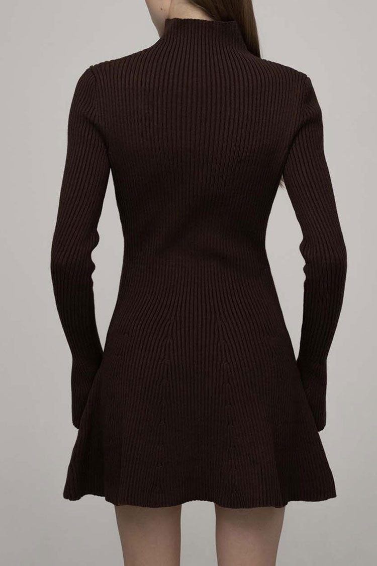 High Chic Neck Flared Long Sleeve Rib Knit Winter Sweater Mini Dress - Coffee