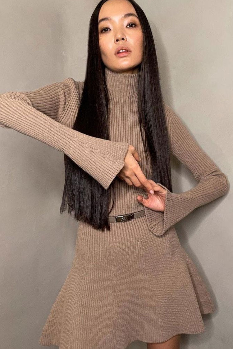 High Chic Neck Flared Long Sleeve Rib Knit Winter Sweater Mini Dress - Khaki