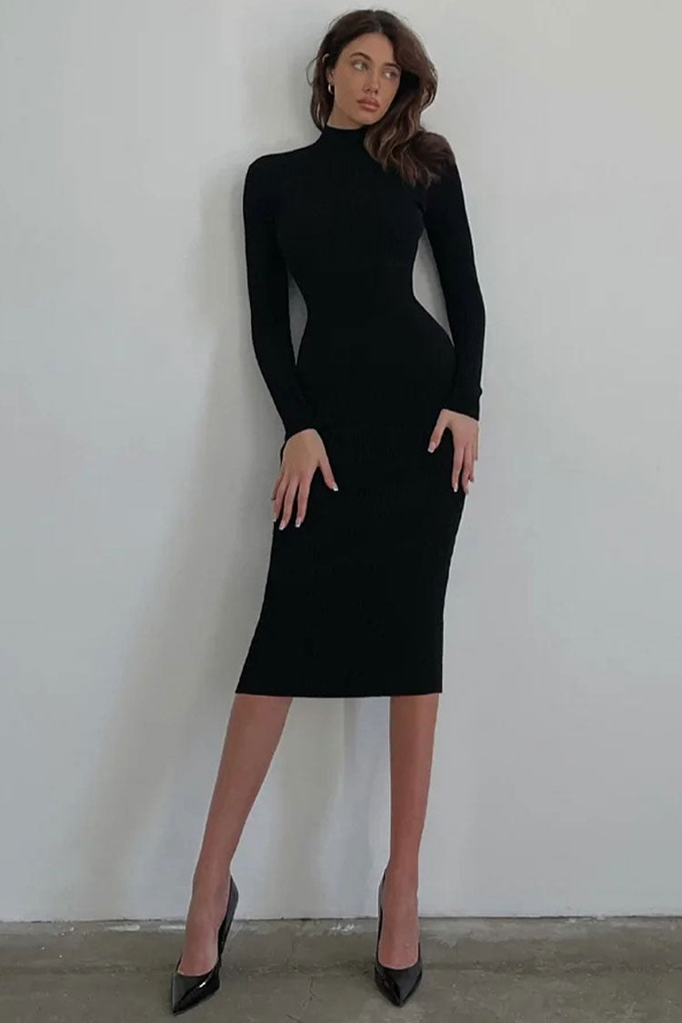 High Chic Neck Long Sleeve Bodycon Rib Knit Sweater Midi Dress - Black