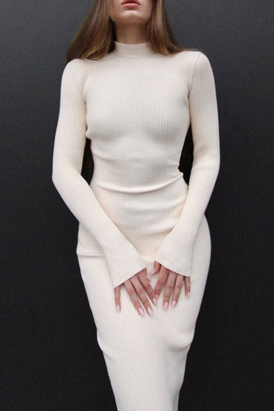 High Chic Neck Long Sleeve Bodycon Rib Knit Sweater Midi Dress - White