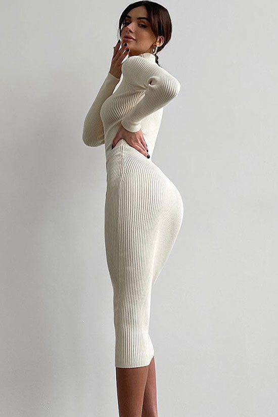 High Chic Neck Long Sleeve Bodycon Rib Knit Sweater Midi Dress - White