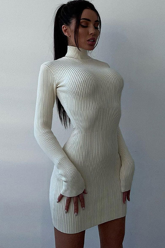 High Chic Neck Long Sleeve Bodycon Rib Knit Sweater Mini Dress - White