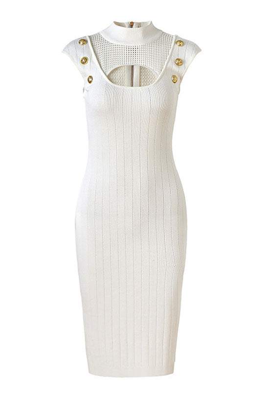 Mock Chic Neck Cutout Cap Sleeve Open Chunky Knit Sweater Midi Dress - White