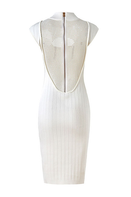 Mock Chic Neck Cutout Cap Sleeve Open Chunky Knit Sweater Midi Dress - White