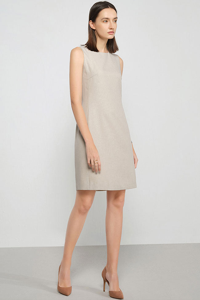 Round Chic Neck Solid Color Fitted Sleeveless Mini Dress Khaki