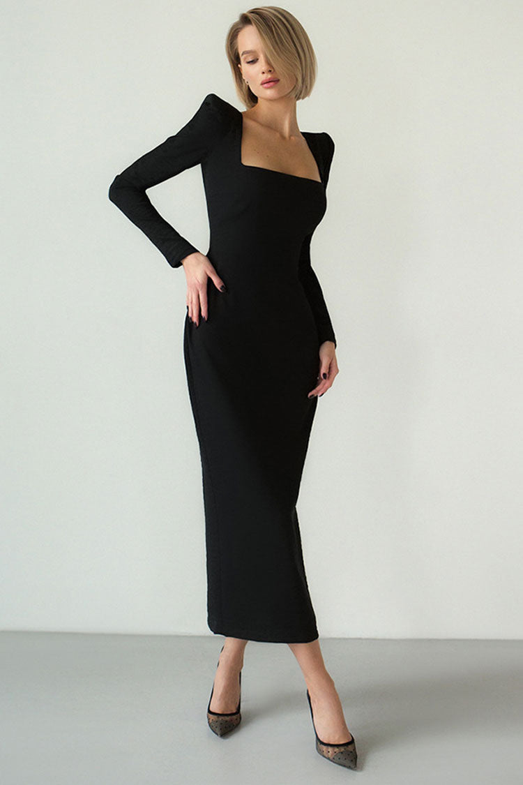 Square Chic Neck Padded Long Sleeve Cocktail Party Midi Dress - Black