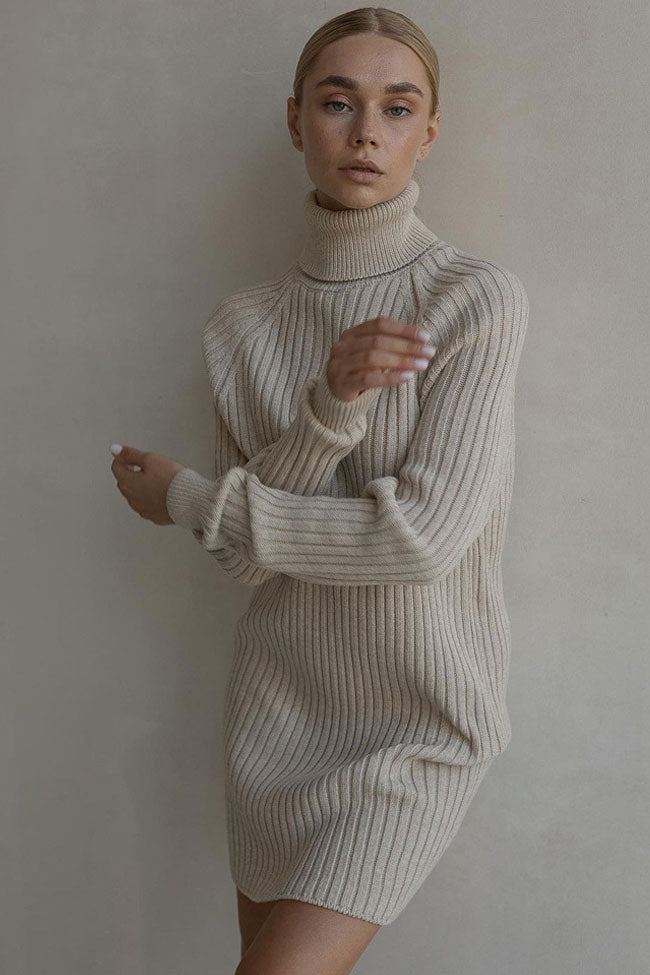 Turtleneck Chic Long Sleeve Chunky Ribbed Knit Winter Sweater Mini Dress - Khaki
