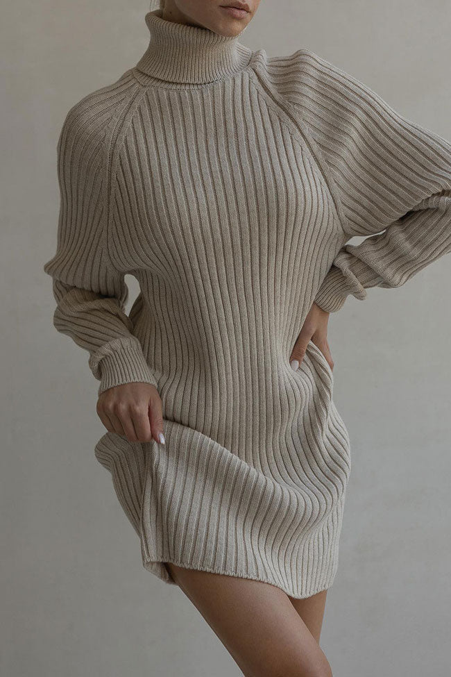 Turtleneck Chic Long Sleeve Chunky Ribbed Knit Winter Sweater Mini Dress - Khaki