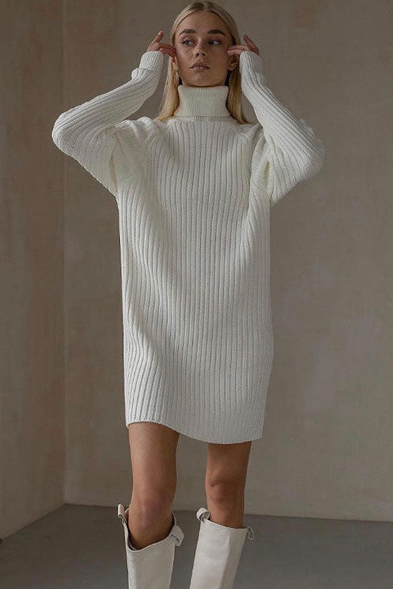 Turtleneck Chic Long Sleeve Chunky Ribbed Knit Winter Sweater Mini Dress - White