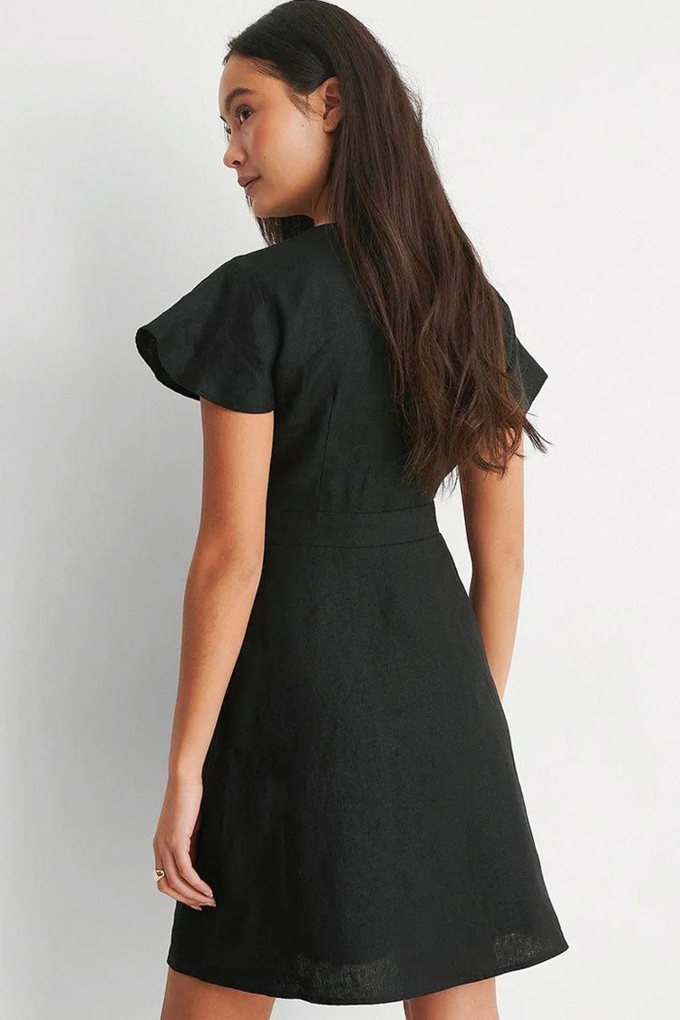 V Chic Neck Bow Tie Front Short Sleeve Beach Vacation Mini Dress - Black