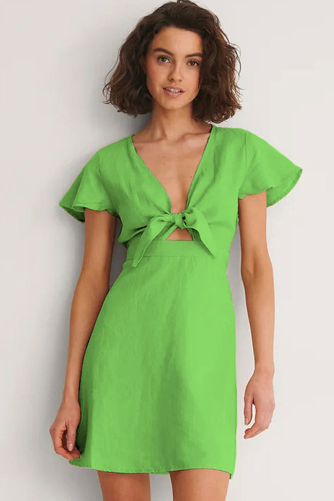 V Chic Neck Bow Tie Front Short Sleeve Beach Vacation Mini Dress - Green