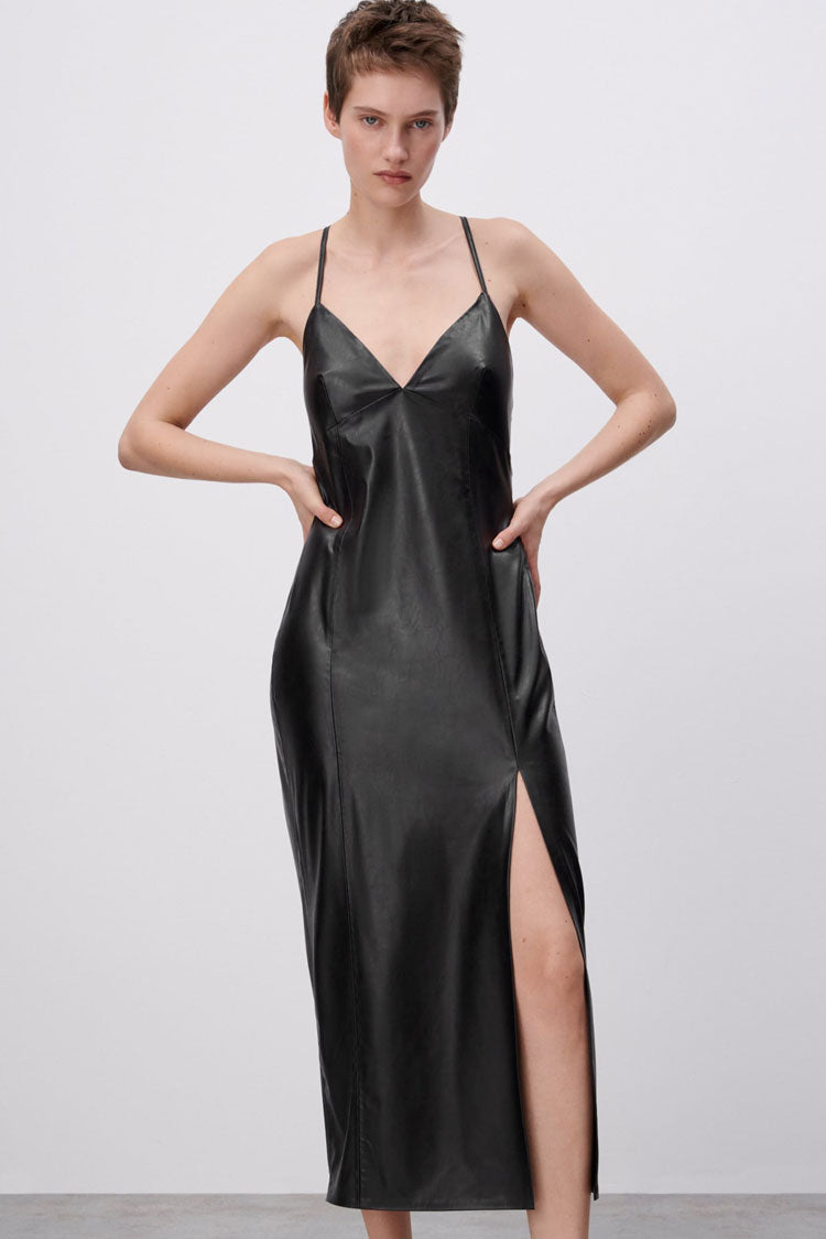 V Chic Neck Vegan Leahter High Split Slip Midi Dress - Black