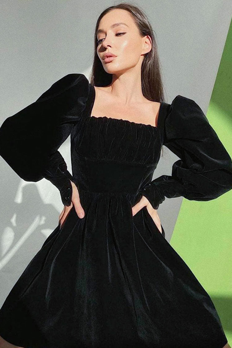 Square French Neck Puff Sleeve Fit & Flare Velvet Party Mini Dress - Black