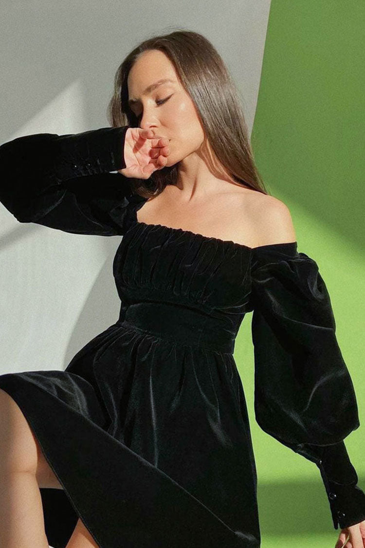 Square French Neck Puff Sleeve Fit & Flare Velvet Party Mini Dress - Black