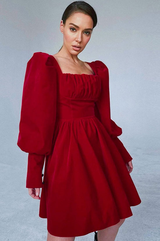 Square Christmas Neck Puff Sleeve Fit & Flare Velvet Party Mini Dress - Red