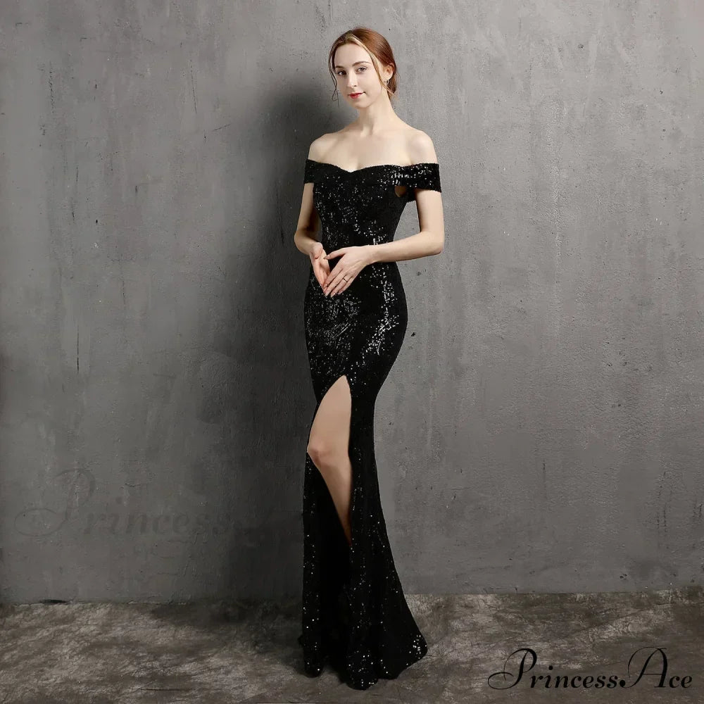Clara Glitter Off the Graceful Shoulder Split Dress For Prom