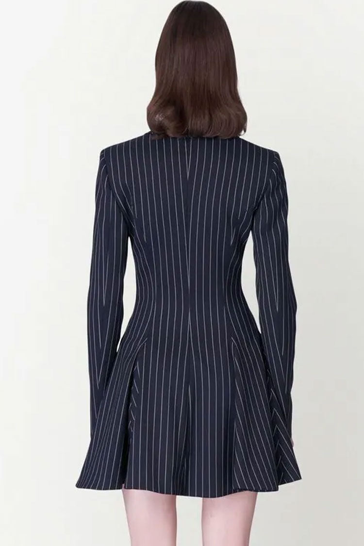 Retro Lapel Button Front Fit & Flare Striped Blazer Mini Dress - Navy Blue