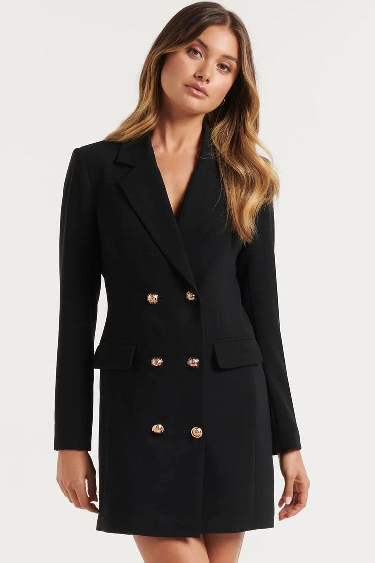 Traditional Lapel Collar Double Breasted Blazer Mini Dress - Black
